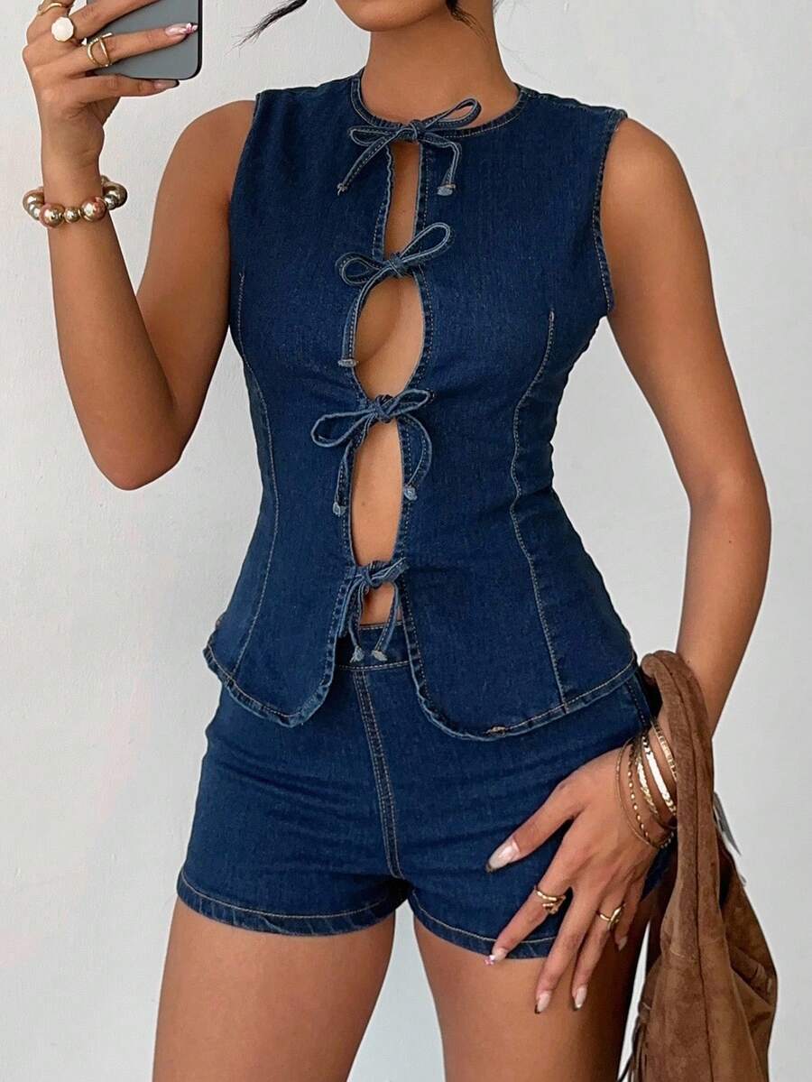 Aloruh 女士牛仔两件套服装 - 中等水洗藍 - 查看 1