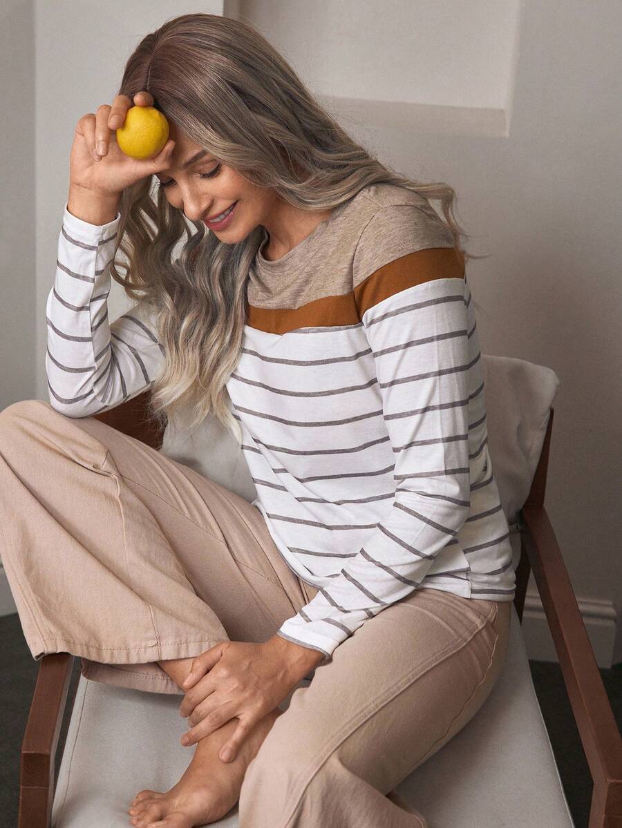Louniche Women's Round Neck Striped Long Sleeve T-Shirt, Casual And Fashionable For Daily Wear - Khaki - View 1