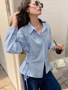 GENKIRA 法式马球领系腰修身长袖衬衫 - 淺藍色 - 查看 5