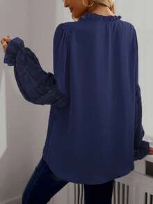 EMERY ROSE Áo cánh tay dài tay đèn lồng dáng rộng màu trơn thường ngày dành cho nữ - Màu xanh hải quân - Xem 2