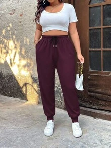 Breezaya Quần dài rút dây màu trơn cỡ lớn thường ngày - Màu Đỏ Sâu - Xem 1