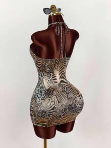 Amplova Vestido ajustado de mujer con tirantes finos y estampado de leopardo