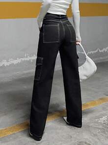 EURMUSE 100%Cotton Top-Stitching Flap Pocket Side Cargo Jeans - Black - View 2