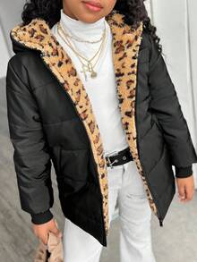 Sparklyn Tween Girls' Casual All-Match Versatile Daily Leopard Print Quilted Long Padded Coat With Hood, Autumn/Winter Fall - Black - View 5