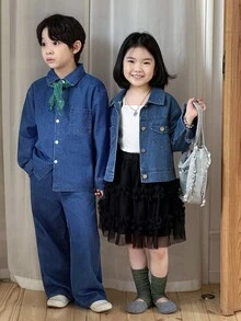 Genkimix Kids Bộ 3 món thời trang dành cho bé gái, gồm áo khoác denim dài tay, áo hai dây dệt kim và chân váy voan, thích hợp cho mùa thu đông. - Rửa trung bình - Xem 1