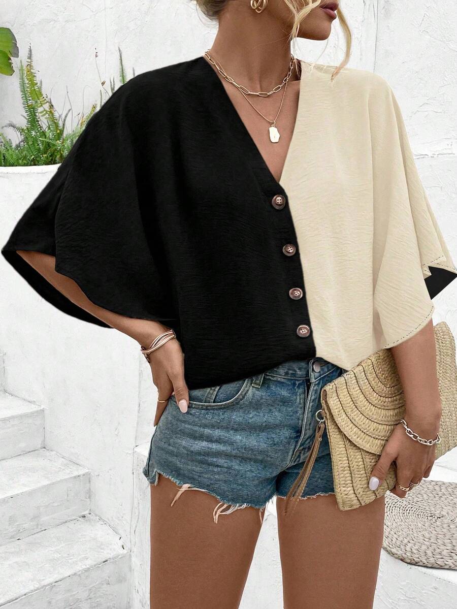 EMERY ROSE Plus Size Women's Black Elegant Summer Everyday V-Neck Raglan Sleeve Button Decor Beach Resort Jacquard Versatile Blouse With Design Details - Multicolor - View 1