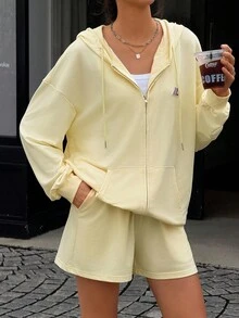 Jouncy Women's Autumn Letter Graphic Drop Shoulder Zip Front Hoodie And Shorts Casual Suit - Yellow - View 1