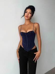 Aloruh Top de mezclilla ajustado con parches de encaje sexy para mujer - Azul lavado oscuro - Ver 5