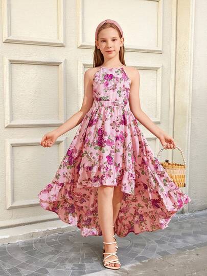 SHEIN Tween Girl Back-Tie Sleeveless Floral Print Dress For Resort Vacation Holiday Outfits