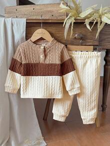 Vintaside Kids 2pcs/Set Toddler Boys' Casual Colorblock Long Sleeve Top And Pants Set, Suitable For Autumn/Winter, Daily Wear Fall - Multicolor - View 3