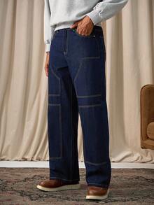 Manfinity Homme Men's Street Style Solid Color Casual Loose Wide-Leg Washed Denim Jeans Washed For Loose Wide Leg - Blue - View 5