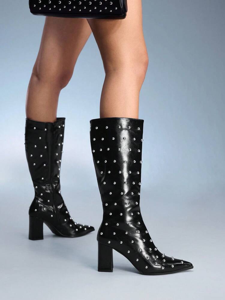 CUCCOO GRLICON Women's High Shaft Pointed Toe Chunky Heel Side Zipper Boots, European And American Fashion , Suitable For Halloween, Christmas, Party, Music Festival, Autumn Black Boots