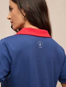 Activina Women's Contrast Color Short Sleeve Zipper Design Casual Fitness Sports Polo Shirt - Blue - View 2