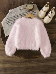 LMoss Kids LMoss 年轻女孩白色优雅蓬松领毛衣，适合休闲穿着、家居和户外 - 粉色 - 查看 2