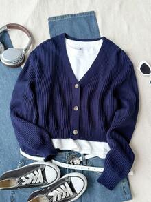 Tween Girls Casual Everyday Simple Solid Color Ribbed Knit Cardigan, Autumn/Winter - Royal Blue - View 12