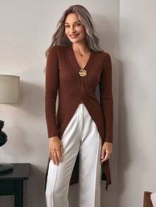 Louniche Cárdigan de mujer elegante y ajustado con botones de metal minimalistas - Café integral - Ver 6
