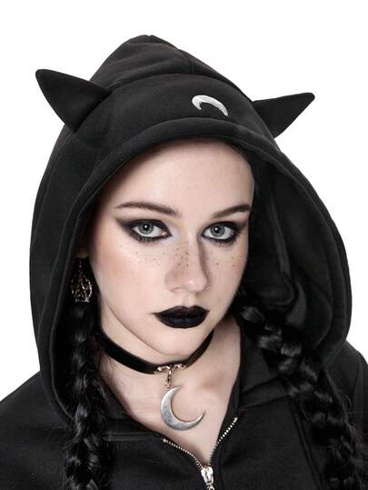 Goth Halloween Gothic Cat Ear & Moon Embroidery Zip-Up Hoodie For Women