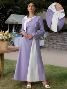 Graceveil Damen lila elegantes Kleid mit asymmetrischem Kragen, Kontrastfarbe und Schleifen-Dekor