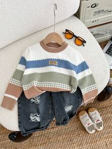 SHEIN 男童多色提花针织百搭可爱套头毛衣，面料厚实柔软舒适，适合居家、外出、上学等场合，秋冬季保暖内衬