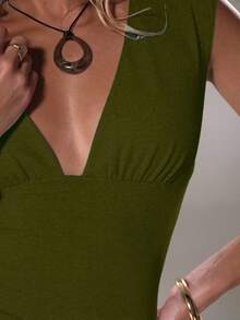 TRNVIE Women's Deep V-Neck Fitted Casual Top, Spring/Summer - Army Green - View 4