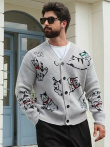 DAZY Men's Grey Cardigan Sweater With Letter & Kitten Jacquard Design, Autumn