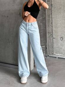 RueChic 100%Cotton Low-Waist Light Blue Washed Wide Leg Jeans - Light Wash - View 7