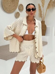 EURMUSE Women Solid Color Front Button Collar Neck Shirt & Sweater Short Set Women Clothing Summer Outfits Women Summer Clothing - Beige - View 4