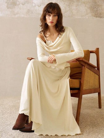 Cévolie 女士时尚休闲复古优雅浪漫度假长袖上衣和裙子两件套