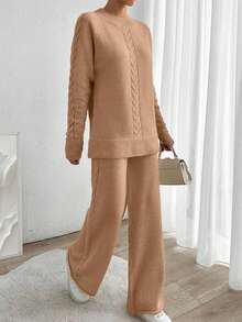 EURMUSE Women's Autumn Cable Pattern Raglan Sleeve Sweater And Knit Pants Casual 2 Pieces Set - Camel - View 4
