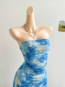 Soleia 女士浪漫粉色花卉网眼荷叶边系带连衣裙，适合节日、约会、情人节、下午茶、海滩、音乐节、波西米亚风度假 - 藍色 - 查看 5