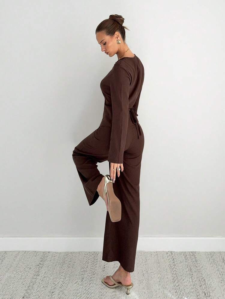 Siren Gaze Women's New Autumn And Winter Women's Solid Color Round Neck Raglan Sleeve Front Button Blazer Suit Set Old Money Style Brown Suit - Brown - View 4