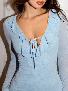Modelyn Women's Elegant Solid Color Floral Flocked Mesh Fitted Dress - Blue - View 6