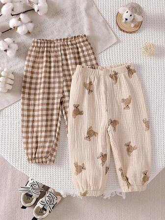 Vintaside Kids Set de 2 pantalones con estampado de cuadros y oso de peluche para niños pequeños
