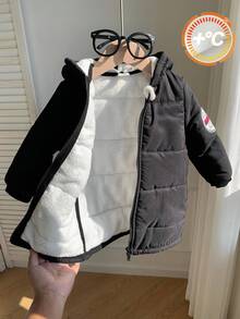 Baby Boy Winter Navy Blue Padded Hooded Jacket,Modest Quilted Fleece Thickened Long Coat For Date,Casual Stylish Minimalist Design,Fall Outdoor Wear - Black - View 8