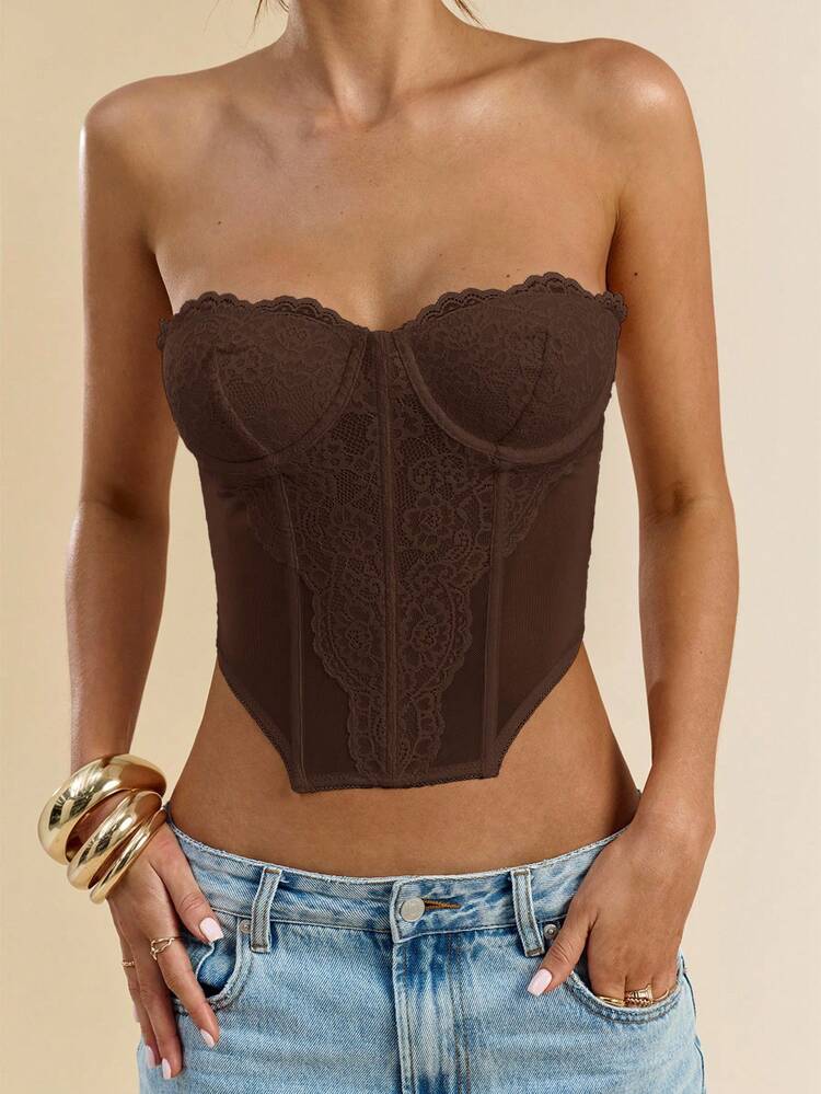 SHEIN BAE 女士夏季海滩度假优雅弹力蕾丝文胸罩杯上衣束身衣上衣音乐会服装表演服装音乐节服装、音乐会女装、俱乐部服装、性感服装、渐变束身衣上衣、茶会束身衣上衣、上衣 - 咖啡棕 - 查看 5