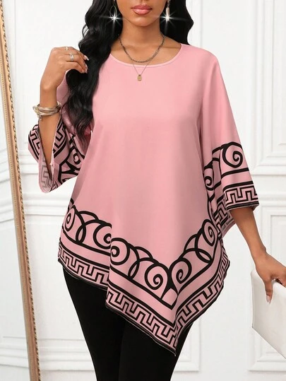SHEIN Lady Women's Round Neck 3/4 Bell Sleeve Geometric Print Asymmetric Hem Loose Blouse