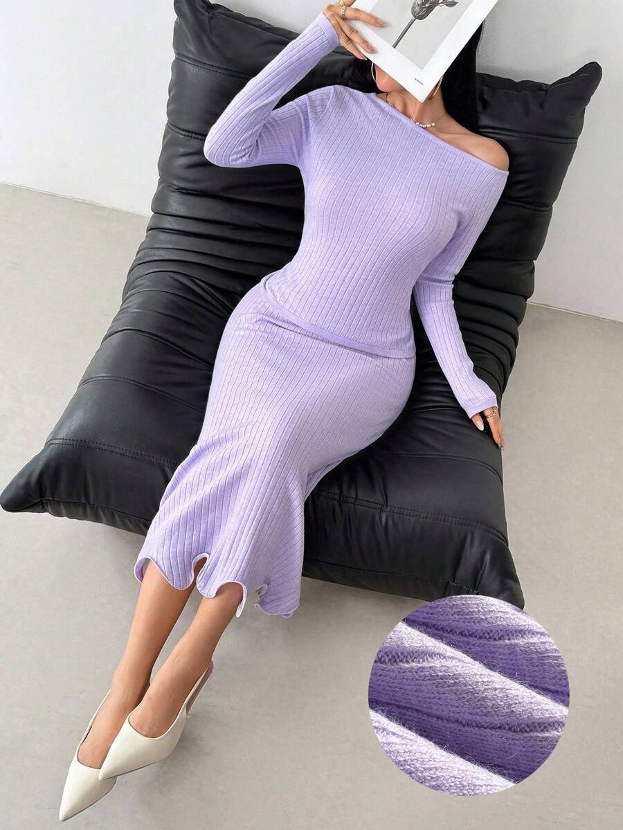 Modelyn Conjunto de 2 piezas de suéter de unicolor elegante con cuello asimétrico y falda de punto para mujer - Morado - Ver 1