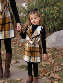 Emery Rose Kids Emery Rose Kids 3pcs/Set Young Girls Urban Fashion Plaid Jacket, Long Sleeve T-Shirt, Pants Set, Suitable For Casual Outings, Parties, Vacations And Other Occasions, Autumn/Winter Toddler Girl Birthday Girl Mommy And Me Matching Halloween Back To School Pink Autumn Fall Sister, Halloween Girls Checkered Outfit Girl Fall Winter Clothes Girls Fall Outfit Sets Girls Plaid Set Two Piece Kids Set Plaid Kids Winter Dresses - Khaki - View 2