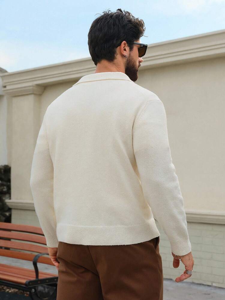 Men's Apricot Solid Color Polo Neck Sweater, Autumn