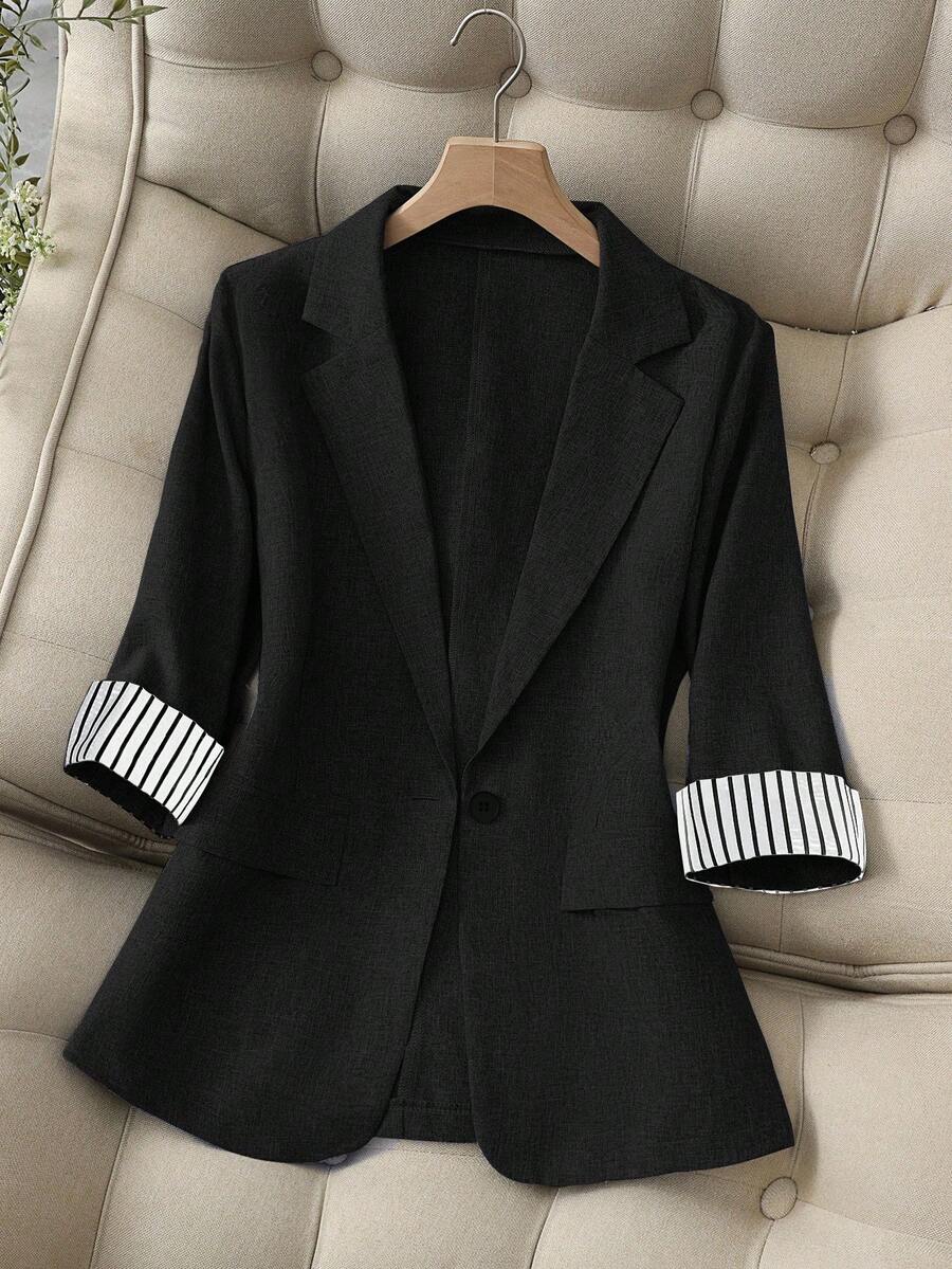 Franclia Casual Office Commute Fashion Versatile Contrast Collar Splice Striped Single Button Fitted Spring Autumn New High-End 3/4 Sleeve Women Blazer, Business Casual - Black - View 1
