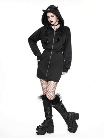 Goth Sudadera con capucha con cremallera y bordado de orejas de gato y luna estilo gótico para mujer
