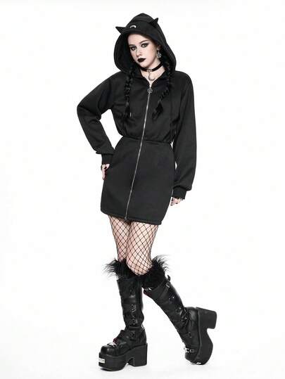 Goth Halloween Gothic Cat Ear & Moon Embroidery Zip-Up Hoodie For Women