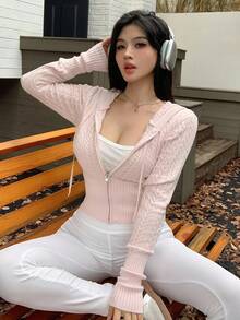 DAZY Women's Autumn/Winter Textured Cable Knit Patchwork Fitted Hoodie Sweatshirt, Casual Sexy Cardigan - Pink - View 4