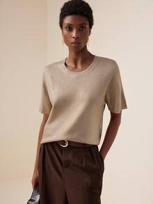 Lyxana Fashionable Crew Neck Shiny Metallic Foil Short Sleeve Sweater Top,Champagne Gold,Summer,Elegant,Office,Comfortable Fitted Women's Spring Style - Gold - View 5