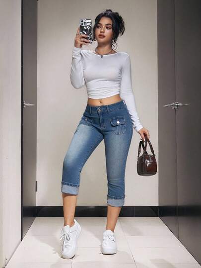 SHEIN ICON 女士浅色休闲日常牛仔裤