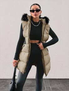 Padded Vest With Furry Hood And Adjustable Waist, Two Side Pockets, Thick And Fashionable Puffer Jacket, Quilting Details - Beige - View 1