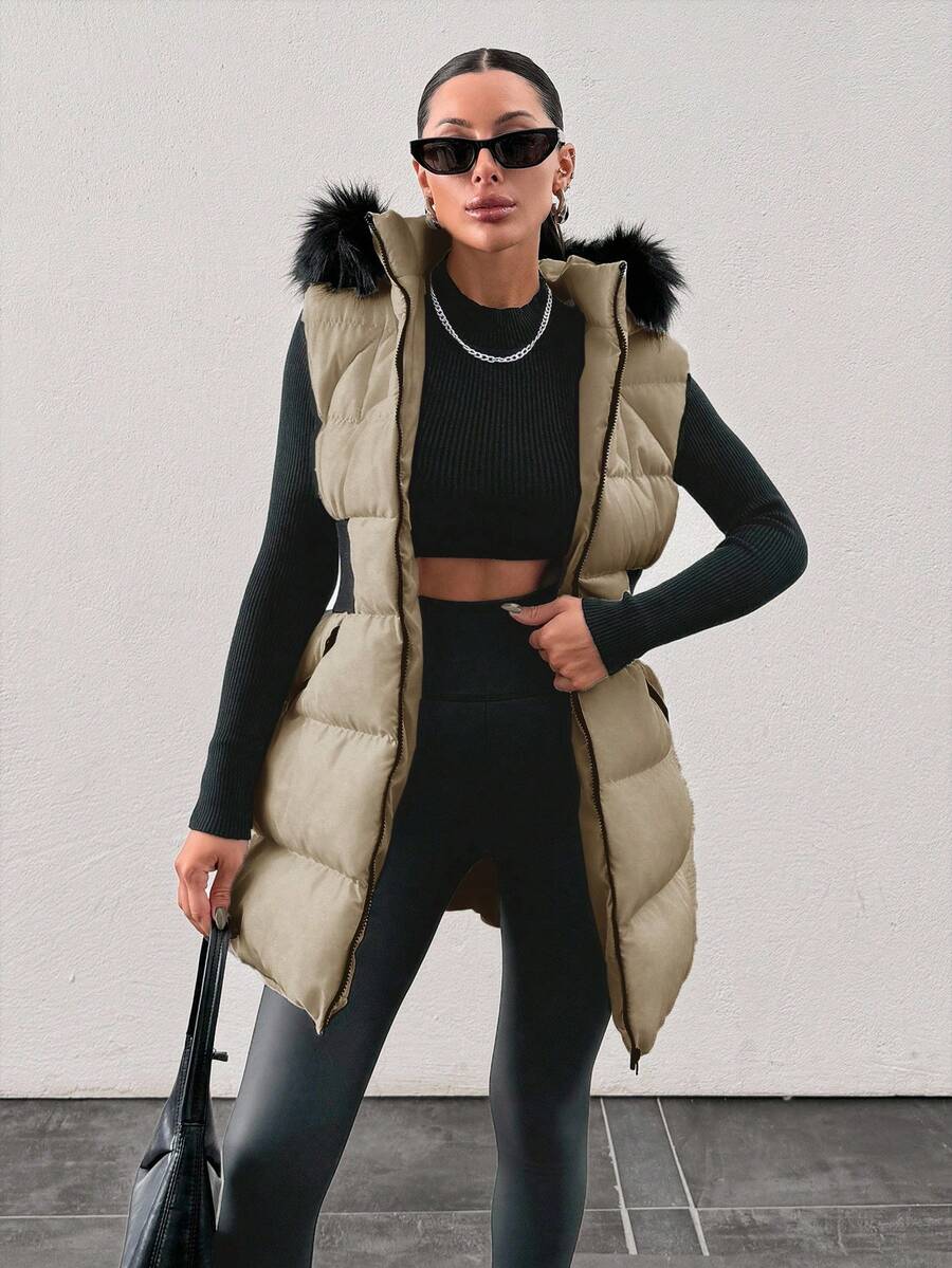 Padded Vest With Furry Hood And Adjustable Waist, Two Side Pockets, Thick And Fashionable Puffer Jacket, Quilting Details - Beige - View 1