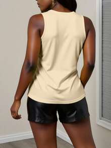 Chiquease 女式夏季自由女神像卡通字母印花背心图案T恤女式上衣 - 杏色 - 查看 2