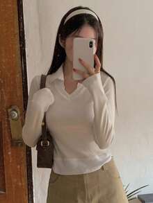 DAZY 女式 V 领撞色二合一短长袖 T 恤 - 米色 - 查看 7
