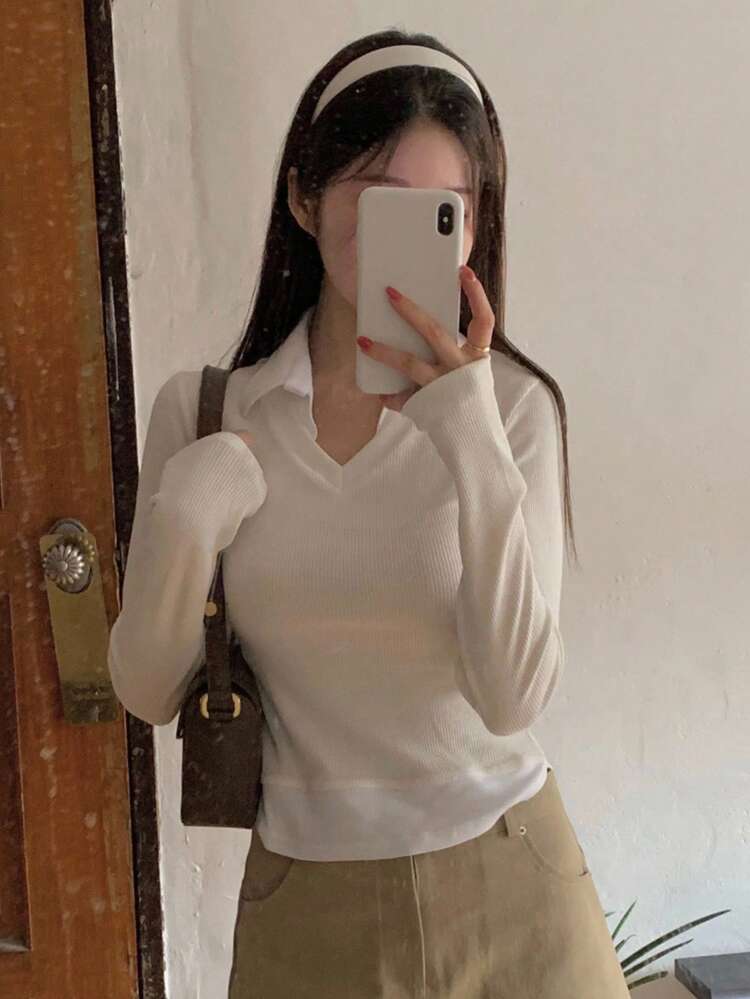 Women's V-Neck Contrast Color 2 In 1 Short Long Sleeve T-Shirt